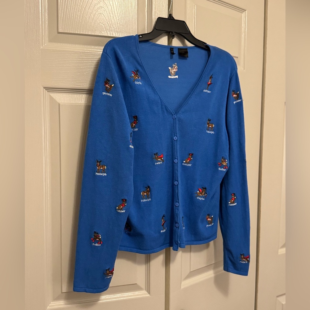 Etoile Bight Blue Reindeer Embroidery Christmas Holiday Cardigan Sweater - Picture 9 of 12